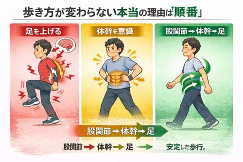 歩行の違いを三色で示した教育用イラスト。赤は「足を上げる・姿勢を意識する」歩き方で不安定、 黄は「体幹を意識する」歩き方で動きが硬い、 緑は「股関節→体幹→足」の順番でスムーズかつ安定した歩行を示している。