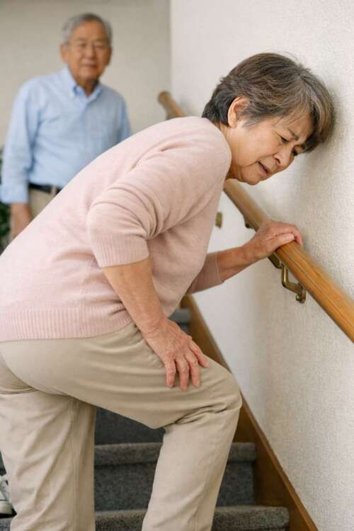 手すりを握り、膝を押さえながら階段を上がる高齢女性。後方で見守る男性の姿もある。