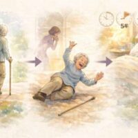 高齢女性が歩行、転倒、寝たきりになるまでの流れを、水彩タッチで描いた3つのシーンのイラスト。
