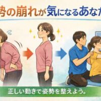「前かがみ姿勢の女性が、正しい動きで姿勢を整え、トレーナーの指導で体幹の動きを改善している様子を示すイラスト。」