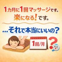 「1カ月に1回マッサージで楽になる！…それで本当にいいの？と問いかけるヘルスケア啓発デザイン画像。マッサージを受ける女性のイラストと1回/月のカレンダーが描かれている。」