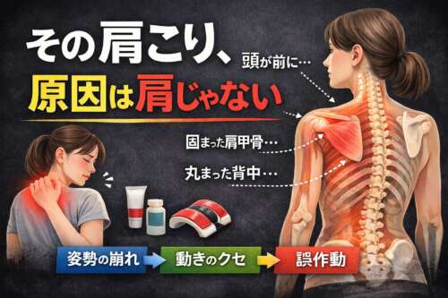 肩こりの原因を説明する図。女性の肩と背中のイラスト、肩甲骨や姿勢の崩れ、動きのクセと誤作動の流れが示されている。