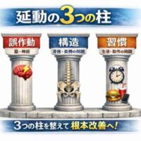 「延動の3つの柱」を示す日本語インフォグラフィック。 3本の柱に “誤作動（脳・神経）・構造（骨格・姿勢）・習慣（生活・動作）” が記載され、それぞれ脳、背骨、生活アイコンで表現されている。