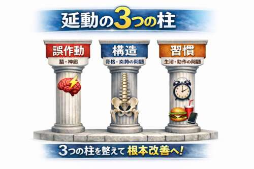 「延動の3つの柱」を示す日本語インフォグラフィック。3本の柱に “誤作動（脳・神経）・構造（骨格・姿勢）・習慣（生活・動作）” が記載され、それぞれ脳、背骨、生活アイコンで表現されている。