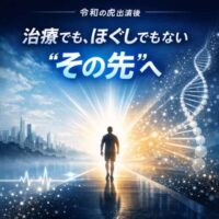光へ向かって歩く人物のシルエットと未来的な都市背景。中央に「治療でも、ほぐしでもない“その先”へ」の文字が配置された延動を象徴するビジュアル。