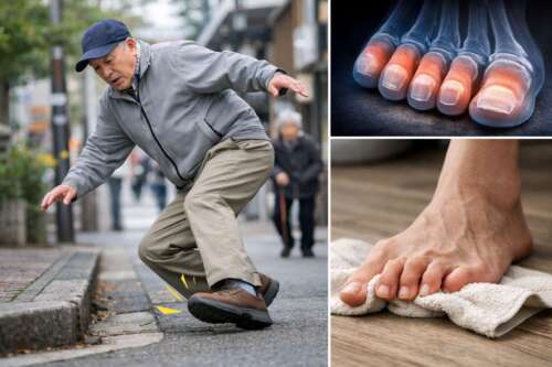 歩道の段差でつまずきそうになる高齢男性の様子と、足指の構造イメージ、タオルを足指でつかむトレーニングの写真を組み合わせた画像。