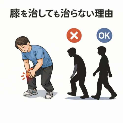 「膝を治しても治らない理由」という文字と、膝を押さえて痛がる男性のイラスト。横に前かがみ姿勢(×)と正しい姿勢(OK)の歩行シルエット。