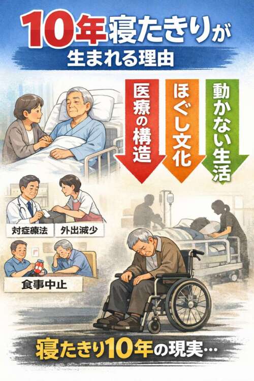 10年寝たきりが生まれる理由を示した日本語のインフォグラフィック。医療の構造、ほぐし文化、動かない生活が悪循環をつくり、高齢者が車椅子やベッドで生活する様子が描かれている。