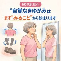 60代女性が鏡の前で自分の姿勢を確認している様子のイラスト。肩の高さや足の向き、靴底の減りなど“自覚なきゆがみ”をチェックするポイントが描かれている。