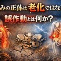 「痛みの正体は老化ではない ― 誤作動とは何か？」というタイトルと共に、骨格イラストが痛みや誤作動を象徴的に示す画像。首・腰・骨盤に赤い痛みマークがあり、骨盤には鎖と錠前が描かれている。