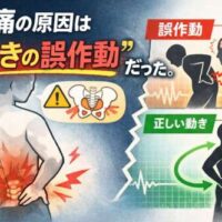 「腰痛の原因は“動きの誤作動”だった」と書かれた画像で、左側に腰を押さえる人の後ろ姿、右側に誤作動の動きと正しい動きのシルエットが対比して描かれている。