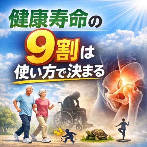 健康寿命の9割は使い方で決まるという文字と、元気に歩く高齢夫婦と股関節のイラスト