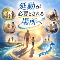 延動が必要とされる場所へ。高齢者と子どもが未来へ続く道を歩く姿と、介護・運動・家族の支えを象徴するイメージ。