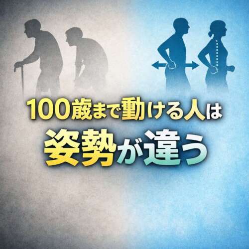 前かがみで杖をつく高齢者のシルエットと、背筋が伸びて歩く人のシルエットを対比し、「100歳まで動ける人は姿勢が違う」と強調したビジュアル。