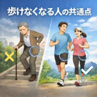 歩けなくなる人の共通点という文字と、杖をついて歩く高齢男性と正しく歩く男女を対比したイラスト。股関節の使い方の違いを示した画像。