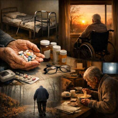 薬を手に持つ高齢者、車椅子で夕日を見る姿、杖で歩く後ろ姿、一人で食事する様子が組み合わされた老後の現実を表す画像
