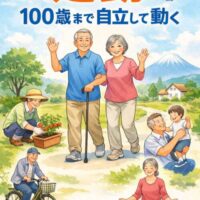 延動と「100歳まで自立して動く」をテーマに、元気な高齢者が歩く・自転車・園芸・運動など活動的に生活している様子を描いたイラスト。延命の社会から延動の社会への転換を表現している。