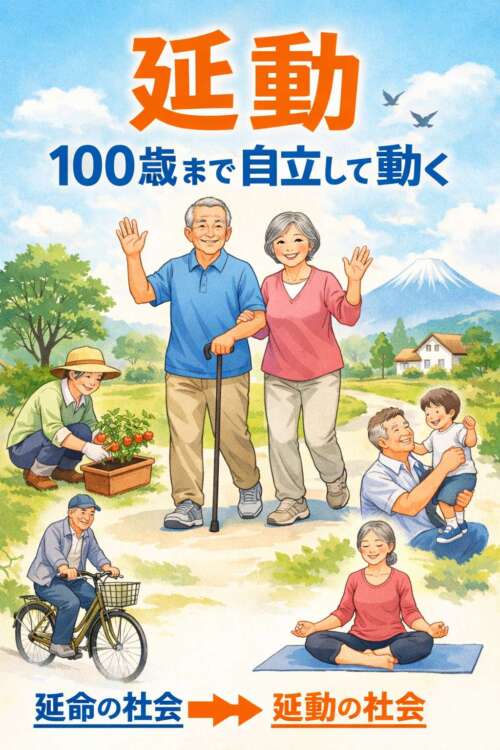延動と「100歳まで自立して動く」をテーマに、元気な高齢者が歩く・自転車・園芸・運動など活動的に生活している様子を描いたイラスト。延命の社会から延動の社会への転換を表現している。