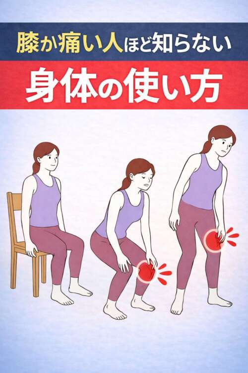 膝が痛い人ほど知らない身体の使い方。椅子から立つ動作の中で膝に負担がかかる様子を示したイラスト。