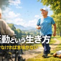 公園で元気に歩く高齢男性と、車椅子の人物の対比。「延動という生き方 動かなければ意味がない」という文字入り画像。
