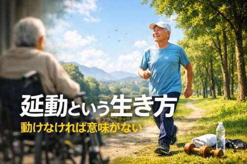 公園で元気に歩く高齢男性と、車椅子の人物の対比。「延動という生き方 動かなければ意味がない」という文字入り画像。