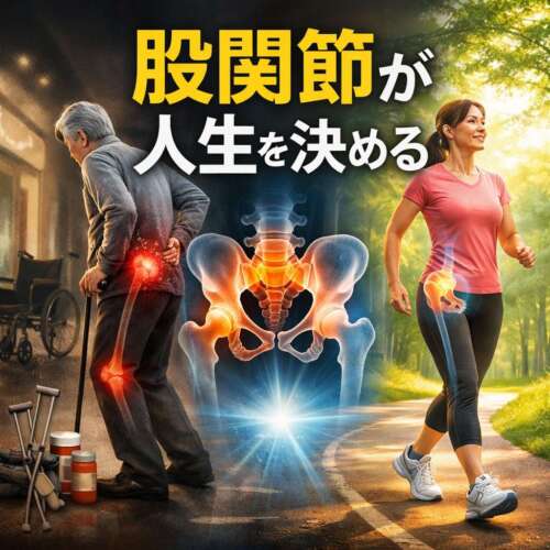 股関節の重要性を示す画像。膝や腰に痛みを抱える高齢者と、股関節を使って歩く健康的な人物を対比し「股関節が人生を決める」と強調している。