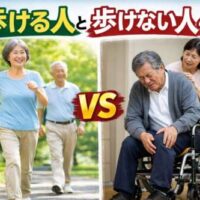 歩ける人と歩けない人の差を比較した画像。元気に歩く高齢者と車椅子で苦しむ男性の対比。