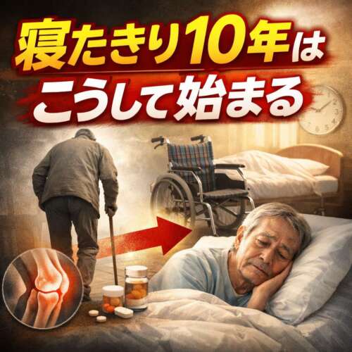 寝たきり10年の始まりを示すイメージ。杖をついて歩く高齢者から、車椅子やベッドで横になる姿へと移行する様子を表した図。