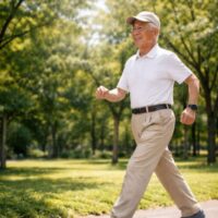 公園の遊歩道を、背筋を伸ばして力強く歩く高齢男性