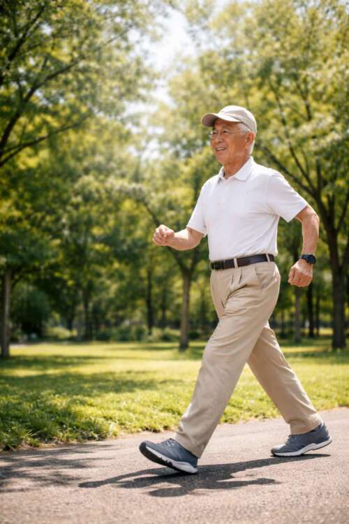 公園の遊歩道を、背筋を伸ばして力強く歩く高齢男性