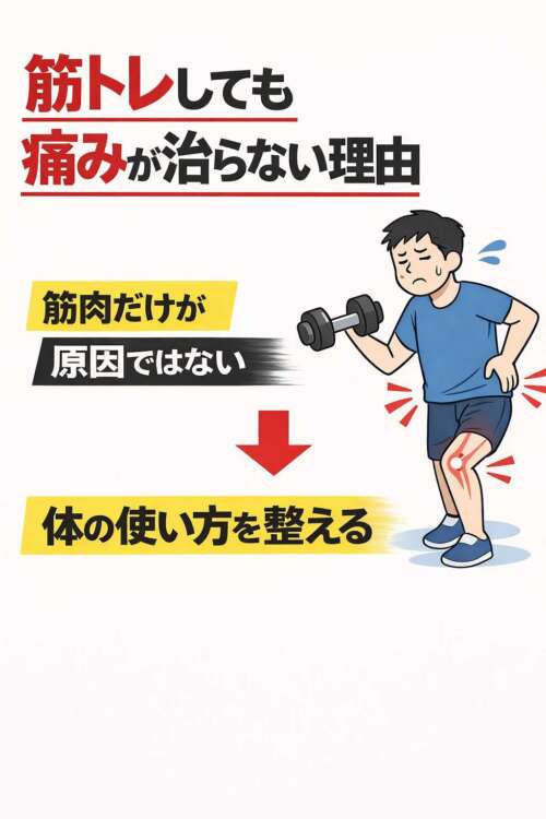 筋トレしても痛みが治らない理由を示したシンプルな図。原因は筋肉だけではなく体の使い方であることを説明している。