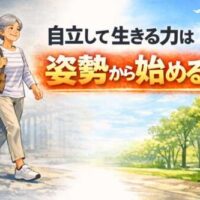 公園を良い姿勢で歩く高齢女性と「自立して生きる力は 姿勢から始める」の文字