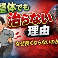 整体でも治らない理由、なぜ良くならないのか？という文字と腰を押さえる男性のイラスト、背骨の図で痛みの原因を示した画像。