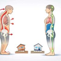 「猫背の崩れた姿勢と、構造が整った正しい姿勢を比較した図。左は背骨や肋骨が前屈し筋バランスが乱れ、右は骨盤・背骨・胸郭が一直線に整い、自然に良い姿勢が保たれている。」