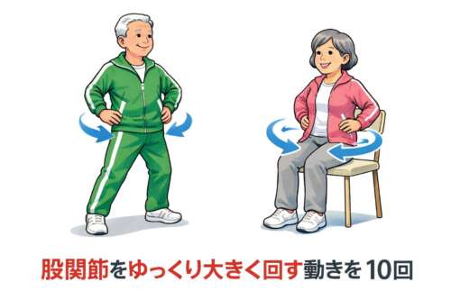 立った状態と椅子に座った状態で股関節を回す運動を行う高齢者のイラスト。股関節をゆっくり大きく回す動きを10回行う運動方法を示している。