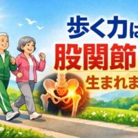 歩く高齢の男女と股関節のイラスト。「歩く力は股関節から生まれます」と示した健康イメージ。