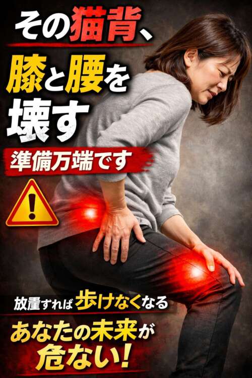猫背の中年女性が膝と腰の痛みを抱え、「その猫背、膝と腰を壊す準備万端です」「放置すれば歩けなくなる」と警告する健康啓発画像