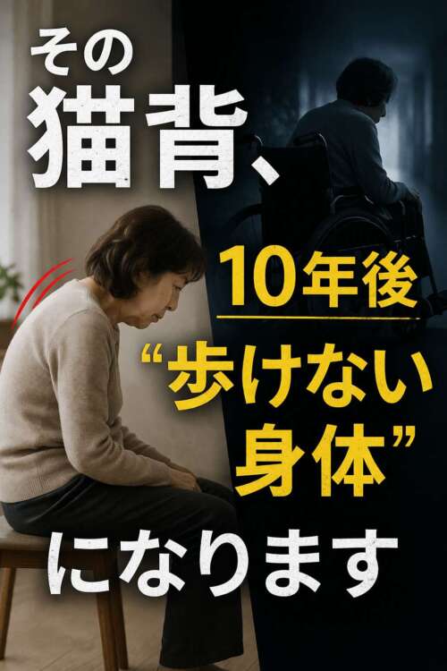猫背でうつむく女性と、車椅子に座る高齢者の対比。「その猫背、10年後“歩けない身体”になります」と強調された警告ビジュアル