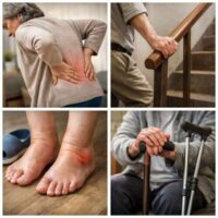 腰痛や足の腫れ、階段での不安定さ、杖を使う様子など、歩けなくなる前兆を示す高齢者の複数の場面