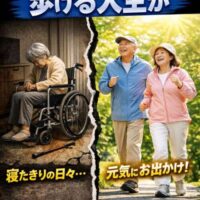 動けない高齢者と元気に歩く高齢夫婦を対比し、「動けない長生きか、歩ける人生か」と強調した健康啓発画像