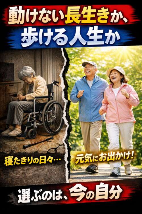 動けない高齢者と元気に歩く高齢夫婦を対比し、「動けない長生きか、歩ける人生か」と強調した健康啓発画像