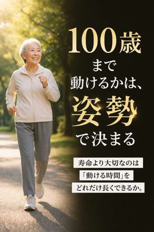 公園で笑顔で歩く高齢女性と「100歳まで動けるかは姿勢で決まる」というメッセージ