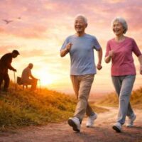 夕日の中を元気に歩く高齢の男女。100歳でも歩ける身体をイメージした健康寿命の象徴。