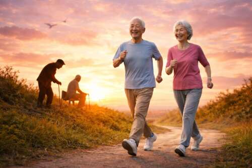 夕日の中を元気に歩く高齢の男女。100歳でも歩ける身体をイメージした健康寿命の象徴。