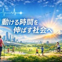 富士山と未来都市を背景に、子どもから高齢者までが歩く・走る・自転車に乗るなど元気に動いている風景と「動ける時間を伸ばす社会へ」というメッセージ。
