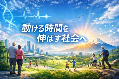 富士山と未来都市を背景に、子どもから高齢者までが歩く・走る・自転車に乗るなど元気に動いている風景と「動ける時間を伸ばす社会へ」というメッセージ。
