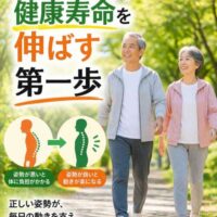 緑の公園を歩く高齢の男女と、「姿勢は健康寿命を伸ばす第一歩」という文字。姿勢の良し悪しによる身体への影響を図で示した画像。