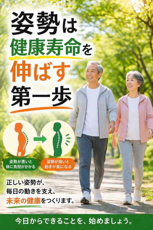 緑の公園を歩く高齢の男女と、「姿勢は健康寿命を伸ばす第一歩」という文字。姿勢の良し悪しによる身体への影響を図で示した画像。