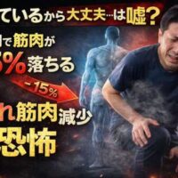 筋肉減少の危険性を示すサムネイル。膝を押さえて苦しむ男性と、筋肉が減っていくイメージ、1週間で15%低下の強調テキスト。