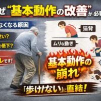 基本動作の崩れが原因で、猫背・無理な動き・転倒につながり、歩けなくなるリスクを示した解説画像